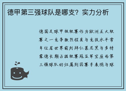德甲第三强球队是哪支？实力分析