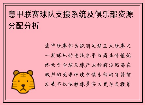意甲联赛球队支援系统及俱乐部资源分配分析